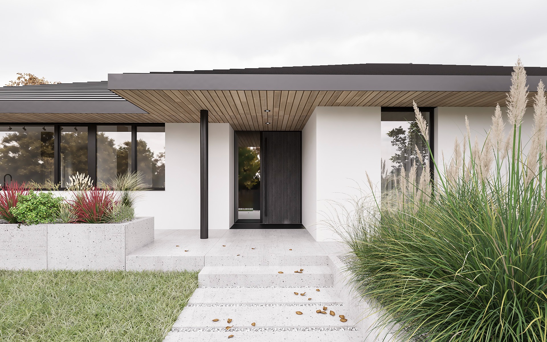Nowoczesny dom jednorodzinny z płaskim dachem, drewnianym podbitką i minimalistycznym wejściem, otoczony ozdobną trawą i roślinnością w betonowych donicach.