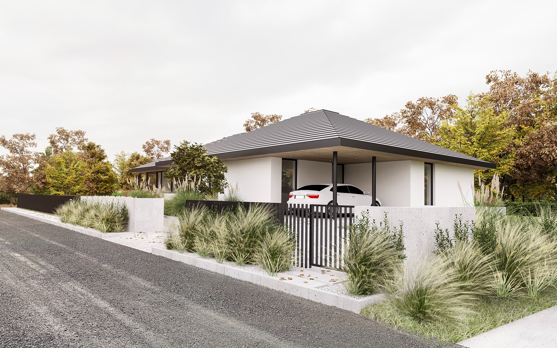 Wizualizacja nowoczesnego, parterowego domu z płaskim dachem, białymi ścianami i wiatą garażową z białym samochodem, otoczonego dekoracyjną roślinnością i betonowym ogrodzeniem.