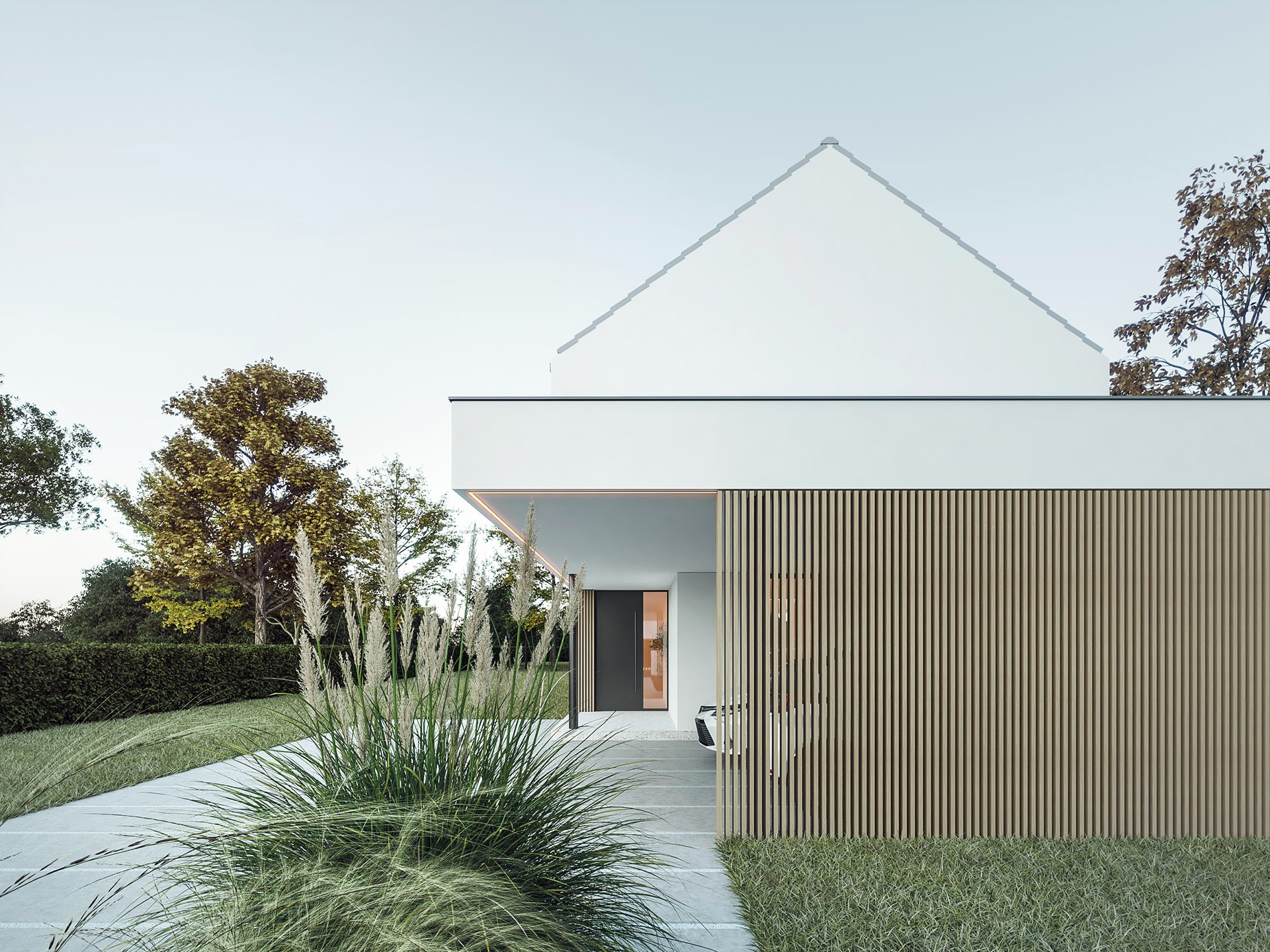 Wizualizacja nowoczesnego domu jednorodzinnego z białymi ścianami, drewnianą elewacją z pionowych listew, minimalistycznym wejściem i zadbanym ogrodem z ozdobnymi trawami w porannym świetle.