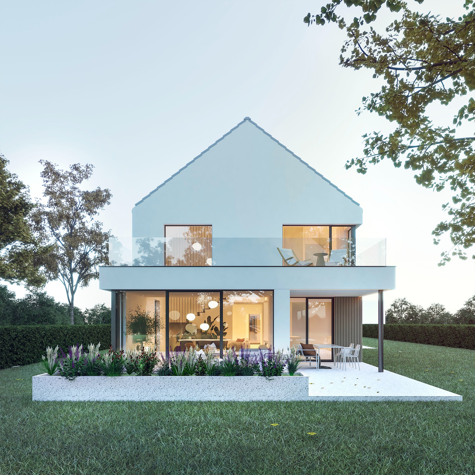 Wizualizacja nowoczesnego, dwukondygnacyjnego domu z białymi ścianami, dużymi oknami i balkonem z szklaną balustradą, otoczonego zielenią i zadbanym trawnikiem, z dekoracyjnym kwietnikiem...