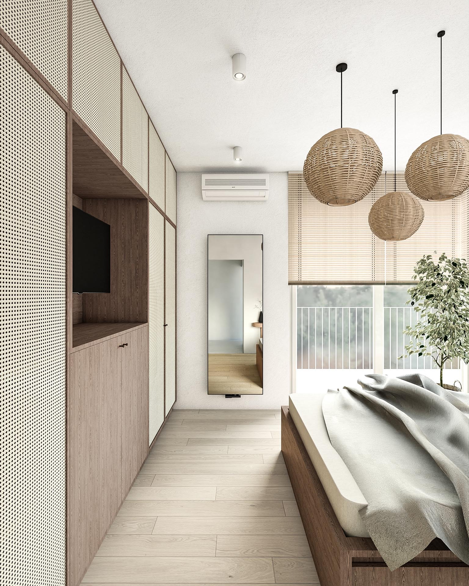 Nowoczesna sypialnia z zabudową meblową z perforowanymi frontami, wiszącymi lampami z rattanu i dużym lustrem na ścianie.