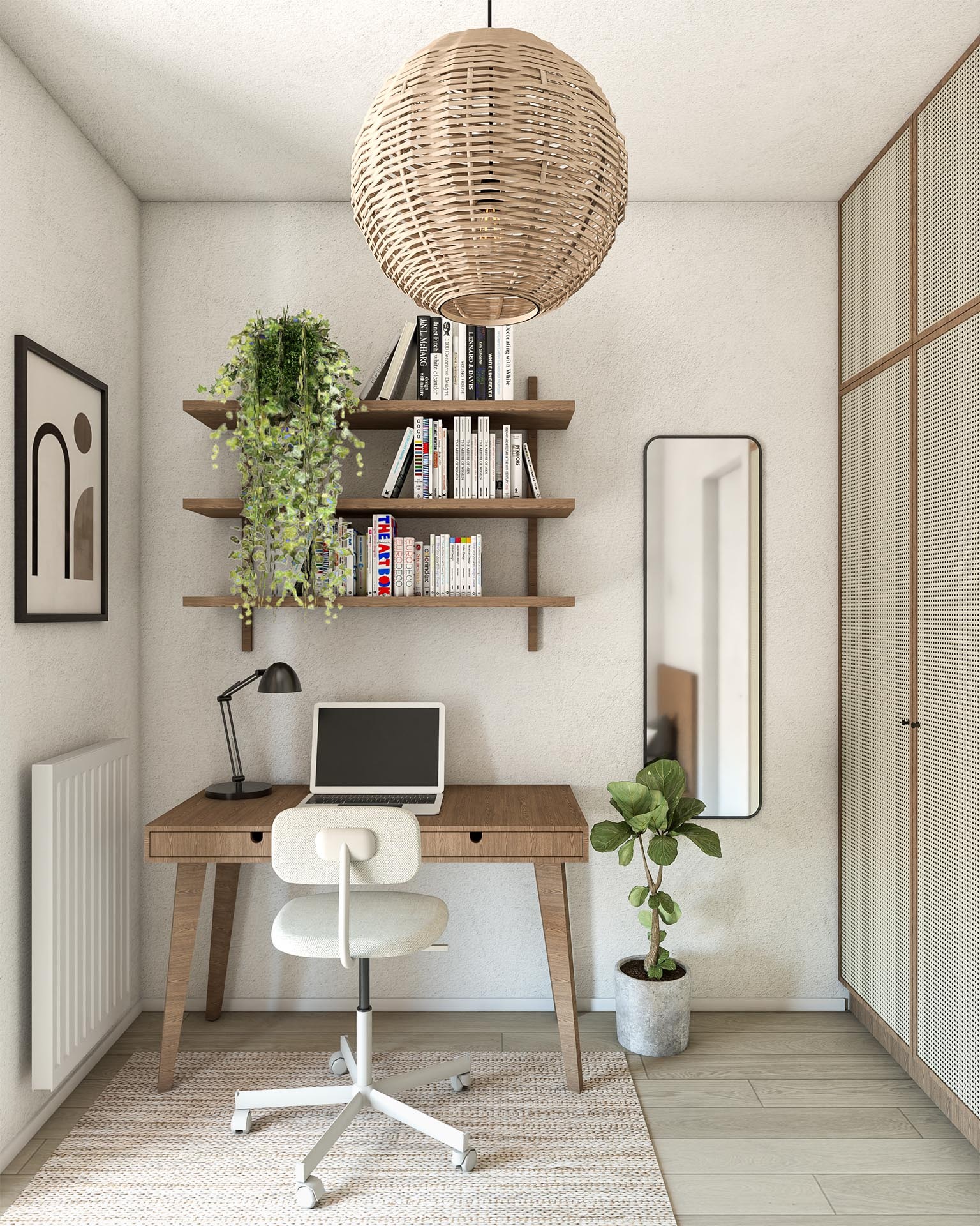 Wizualizacja domowego biura z drewnianym biurkiem, białym krzesłem na kółkach, laptopem, lampką, półkami z książkami, roślinami doniczkowymi, okrągłą lampą z rattanu i szafą z plecionką wiedeńską.