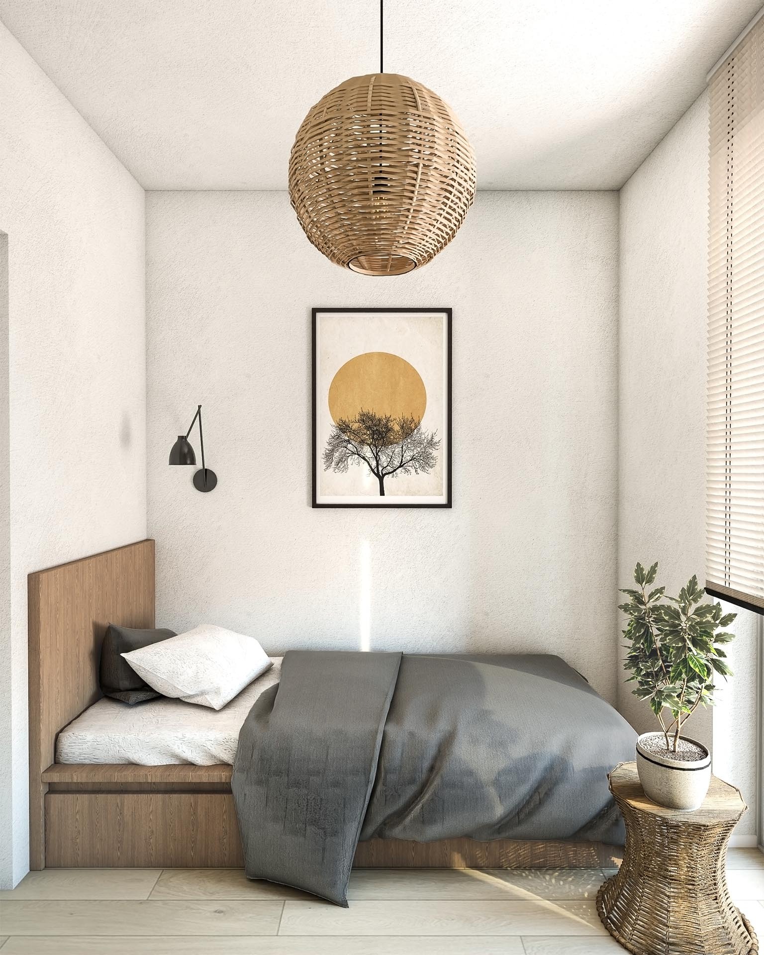 Przytulna sypialnia w minimalistycznym stylu z drewnianym łóżkiem, szarą pościelą, wiklinową lampą i stolikiem, oraz plakatem z motywem drzewa i słońca.