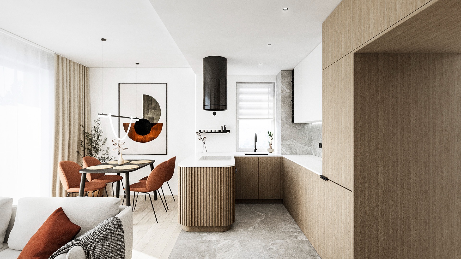 Wnętrze mieszkania z otwartą kuchnią i jadalnią, drewniane szafki kuchenne, okrągły wyspowy barek z ryflowanym wykończeniem, stół z pomarańczowymi krzesłami, abstrakcyjny obraz na ścianie.