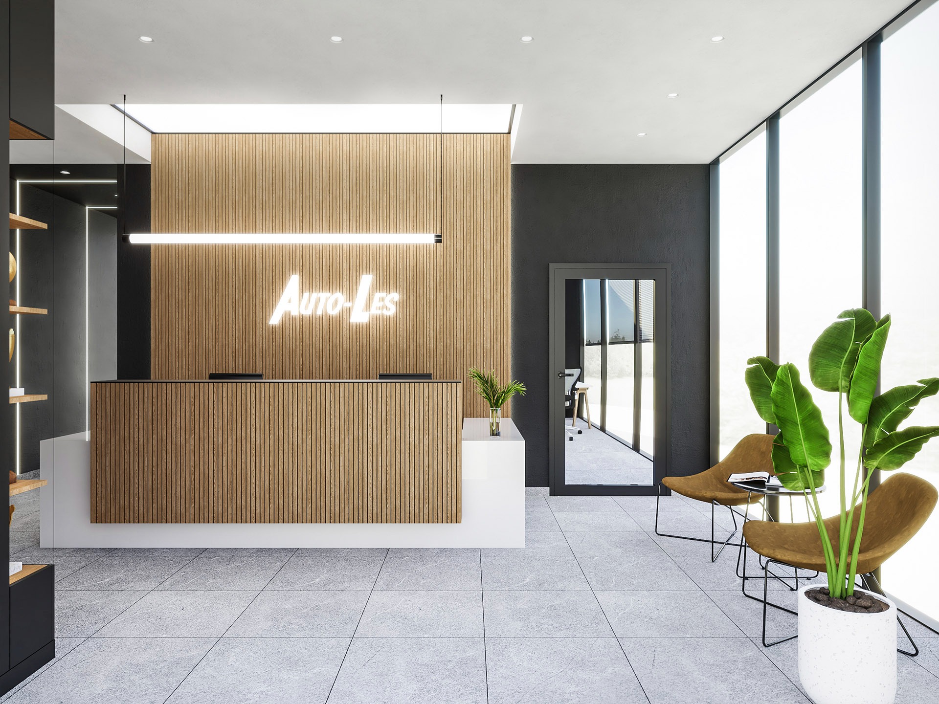 Nowoczesne biuro z recepcją wykończoną drewnianymi lamelami, podświetlanym logo firmy Auto-Les, minimalistycznym oświetleniem i strefą oczekiwania z fotelami oraz roślinami doniczkowymi.