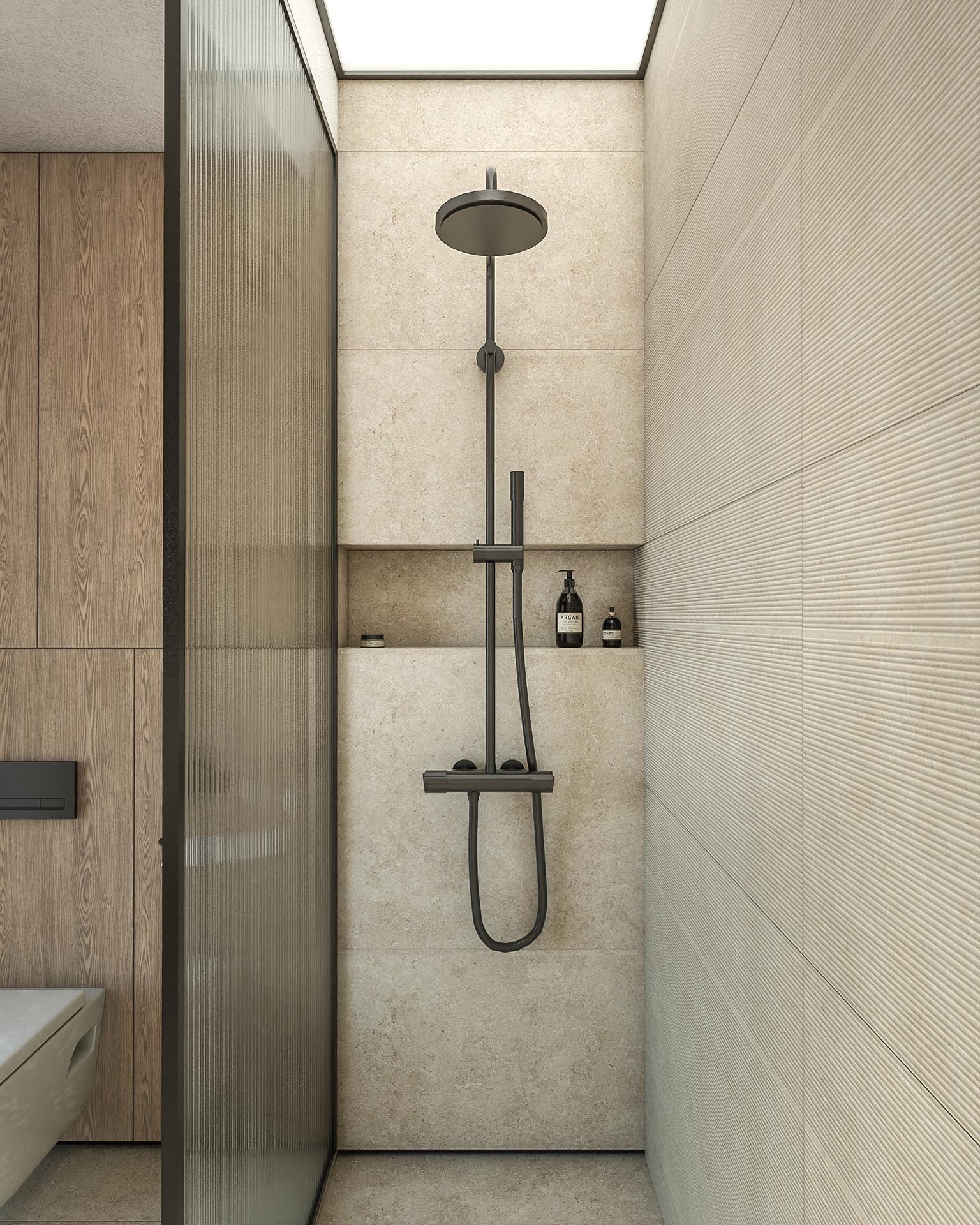 Nowoczesna łazienka z kabiną prysznicową typu walk-in, wykończona beżowymi płytkami z subtelną fakturą, minimalistyczna armatura w kolorze grafitowym, drewniane panele ścienne i podświetlane sufity.