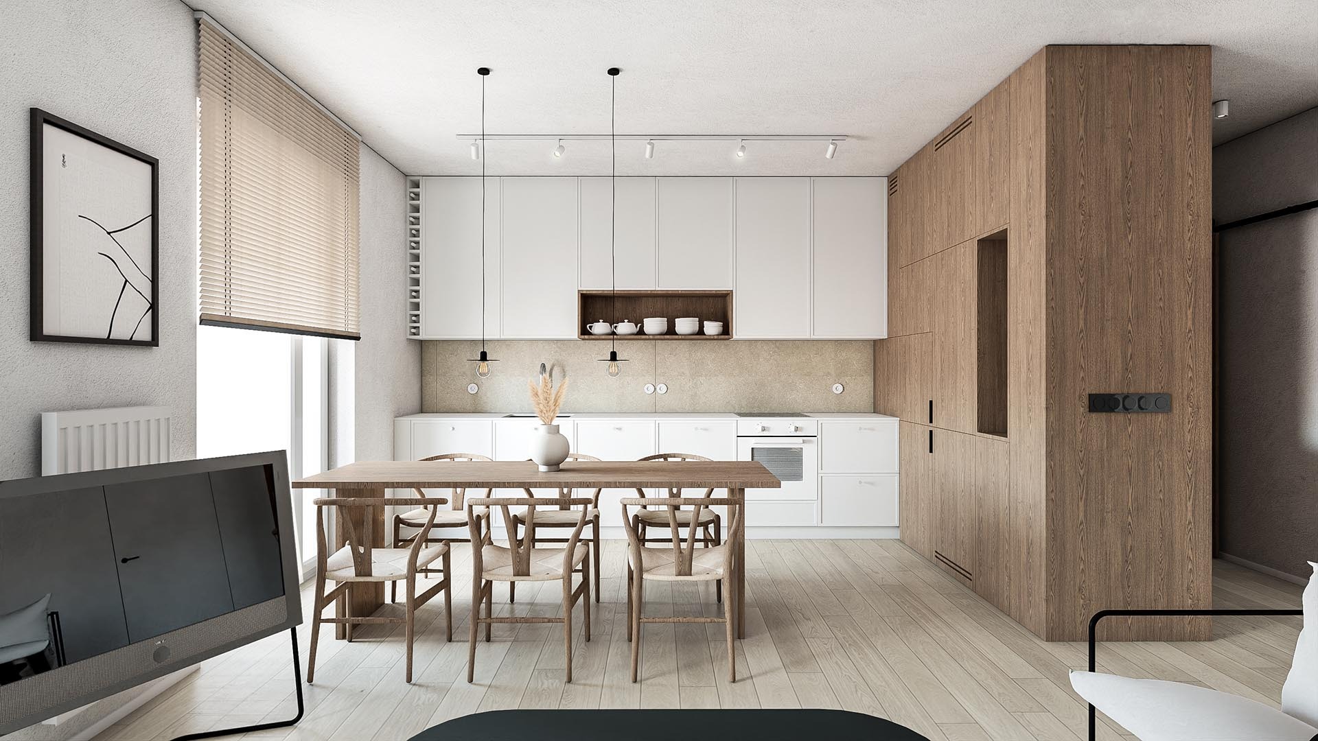 Jasna kuchnia z drewnianym stołem i krzesłami, białe szafki kuchenne z drewnianymi akcentami, minimalistyczny wystrój, okno z żaluzjami, nowoczesny telewizor na pierwszym planie.