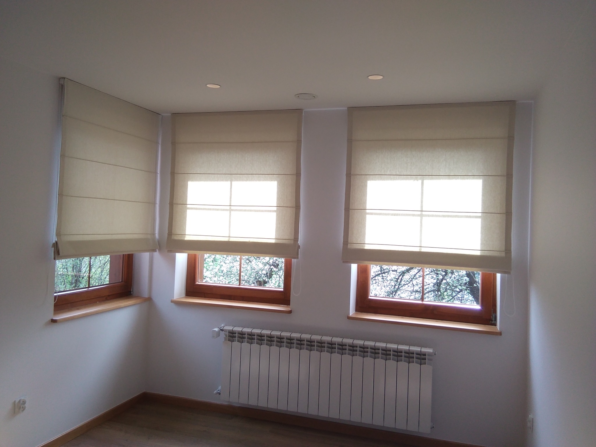 Jasne, beżowe rolety rzymskie zamontowane w trzech oknach z drewnianymi ramami, widok na drzewa za oknem, białe ściany i grzejnik pod oknem.