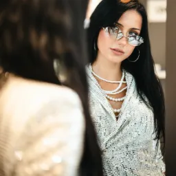 Kobieta z czarnymi włosami w srebrnej, cekinowej marynarce i okularach w kształcie serc, pozuje przed lustrem, prezentując stylizację na sesję kobiecą.