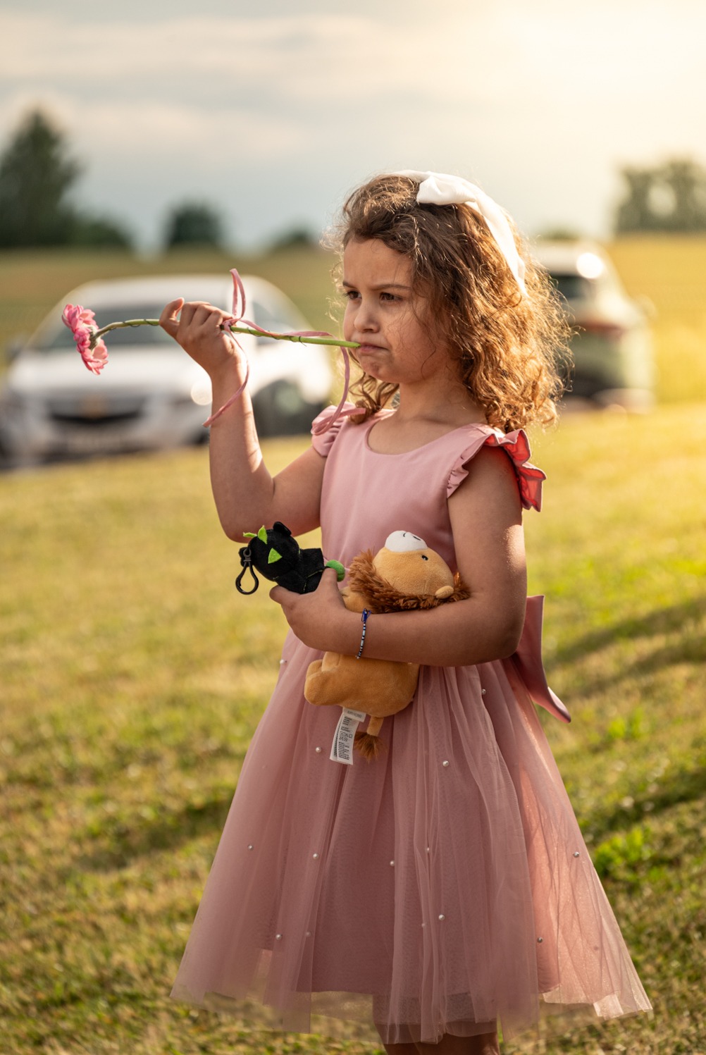 Dziewczynka w różowej sukience trzyma w rękach pluszowego lwa i czarnego smoka, a w ustach ma łodygę różowego kwiatka. W tle rozmyte samochody i zieleń.