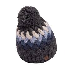Ciepła, ręcznie dziergana czapka zimowa z pomponem w odcieniach szarości, bieli i błękitu, z wyraźnym wzorem warkoczowym.