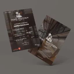 Dwa projekty graficzne ulotki restauracji 'Panie Przodem' z Lublina, prezentujące menu i dane kontaktowe, na szarym tle.