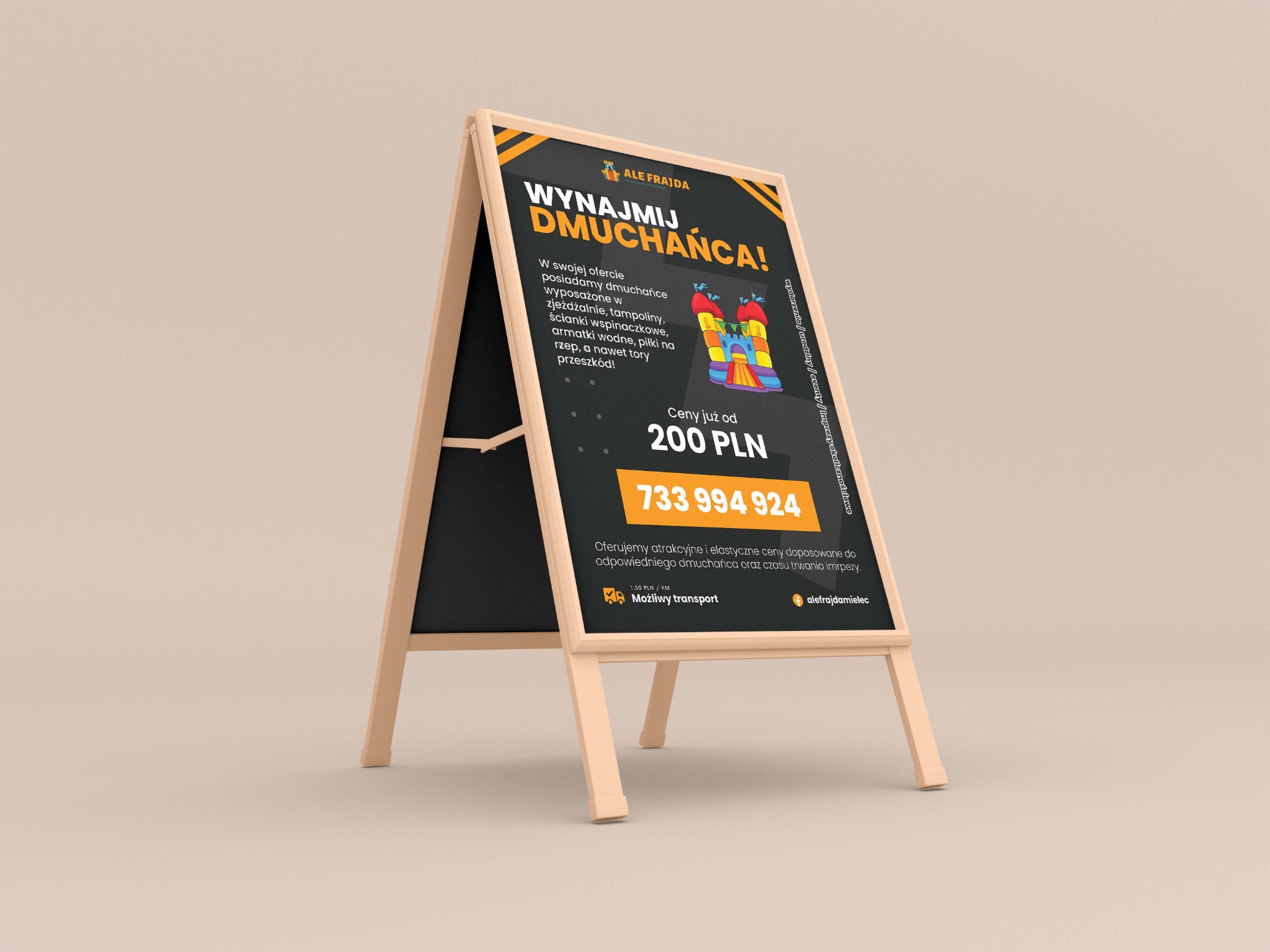 Stojak reklamowy z ofertą wynajmu dmuchańców, prezentujący kolorową grafikę dmuchanego zamku, cenę od 200 PLN oraz numer telefonu.
