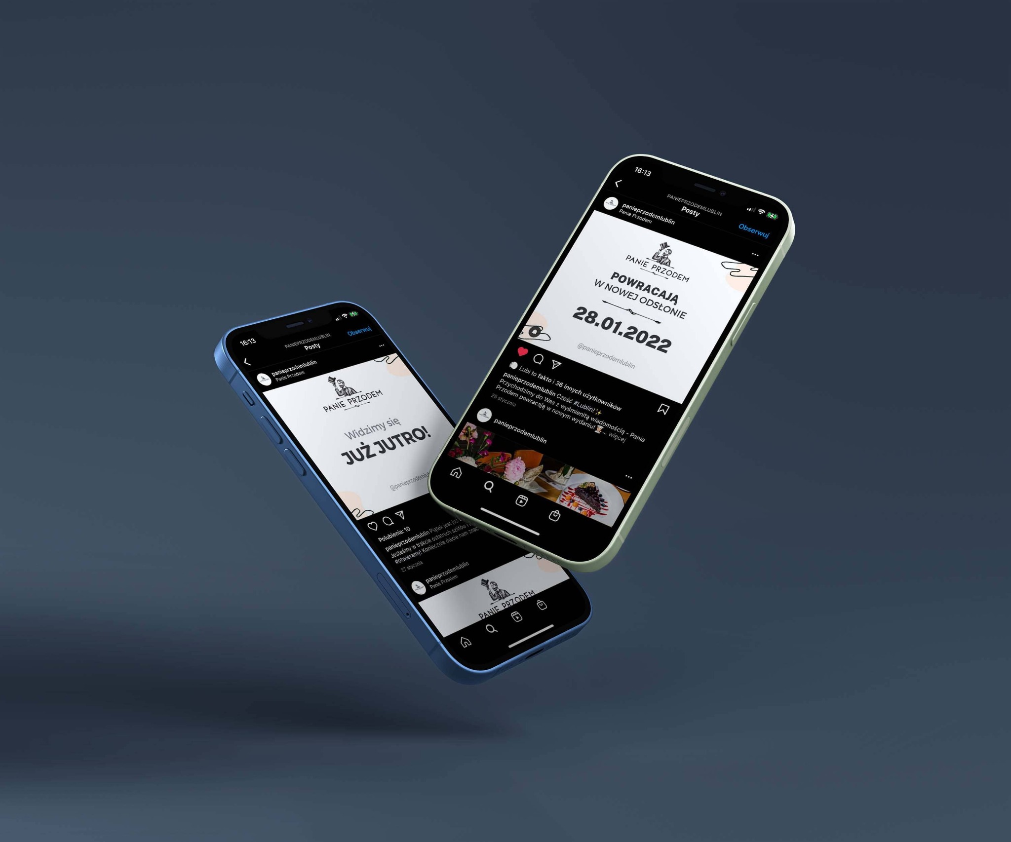 Dwa smartfony unoszące się w powietrzu, wyświetlające posty z Instagrama o powrocie marki 'Panie Przodem' w nowej odsłonie, z datą 28.01.2022 i zapowiedzią 'Widzimy się JUŻ JUTRO!'