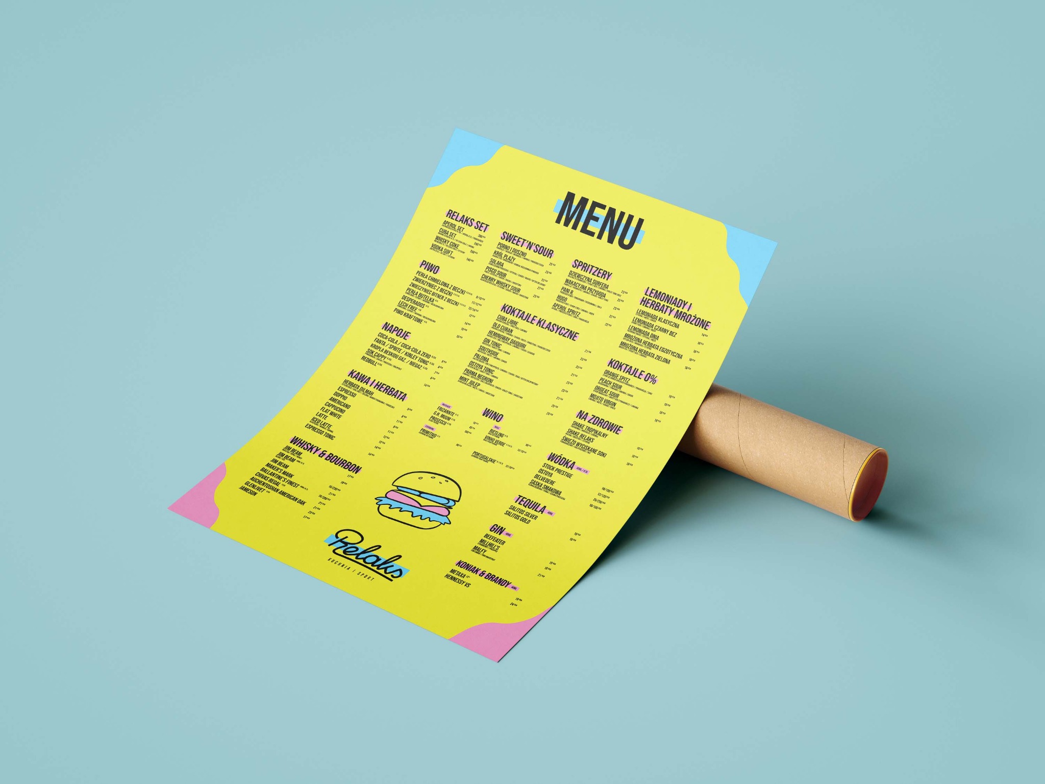 Żółto-niebieskie menu restauracji 'Relaks', leżące na niebieskim tle, z brązową tubą po prawej stronie, prezentujące ofertę napojów i drinków.