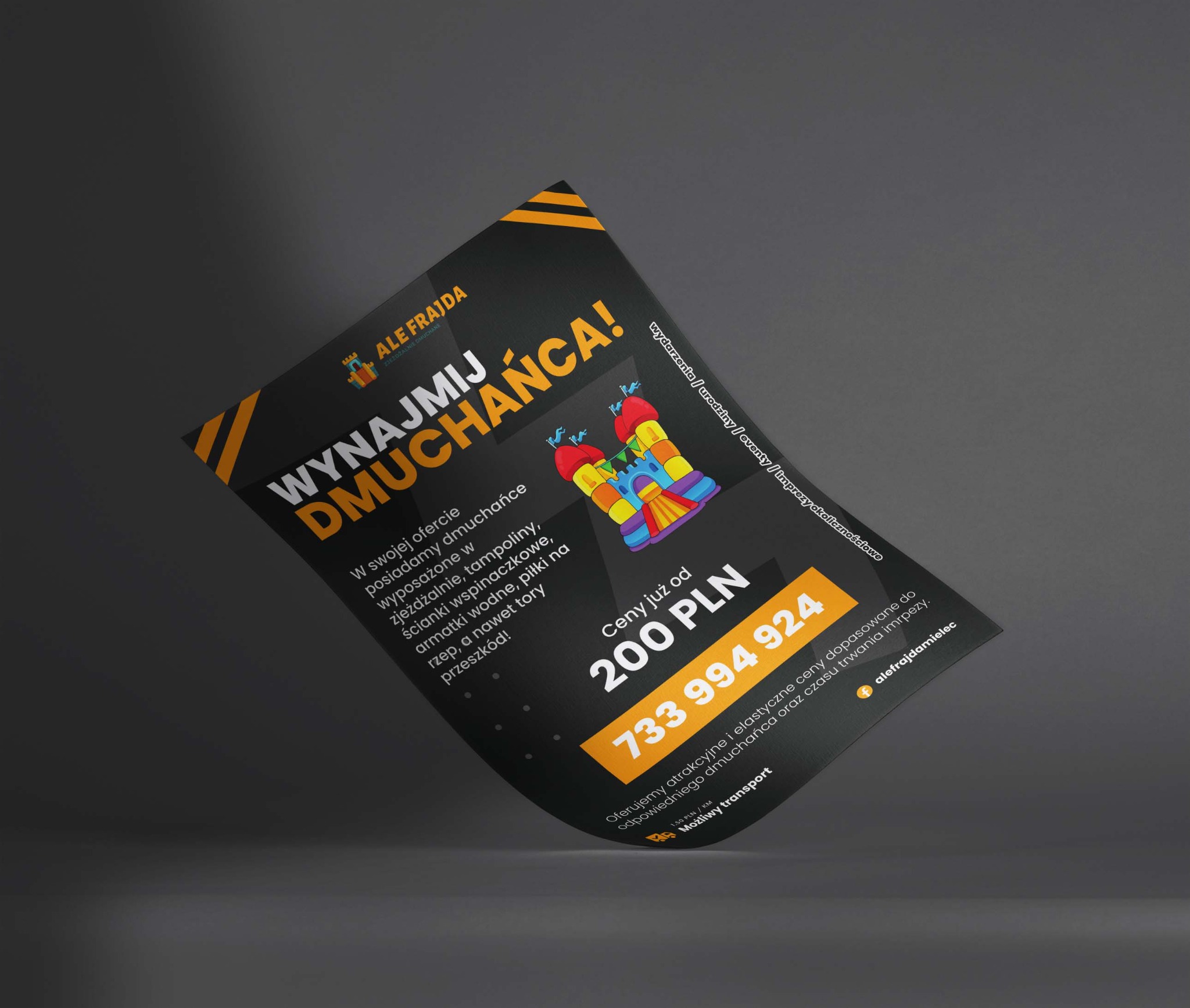 Czarno-pomarańczowa ulotka reklamowa z hasłem 'Wynajmij Dmuchańca!' i ilustracją kolorowego dmuchanego zamku, informująca o ofercie wynajmu dmuchańców na imprezy okolicznościowe, z podanym numerem...