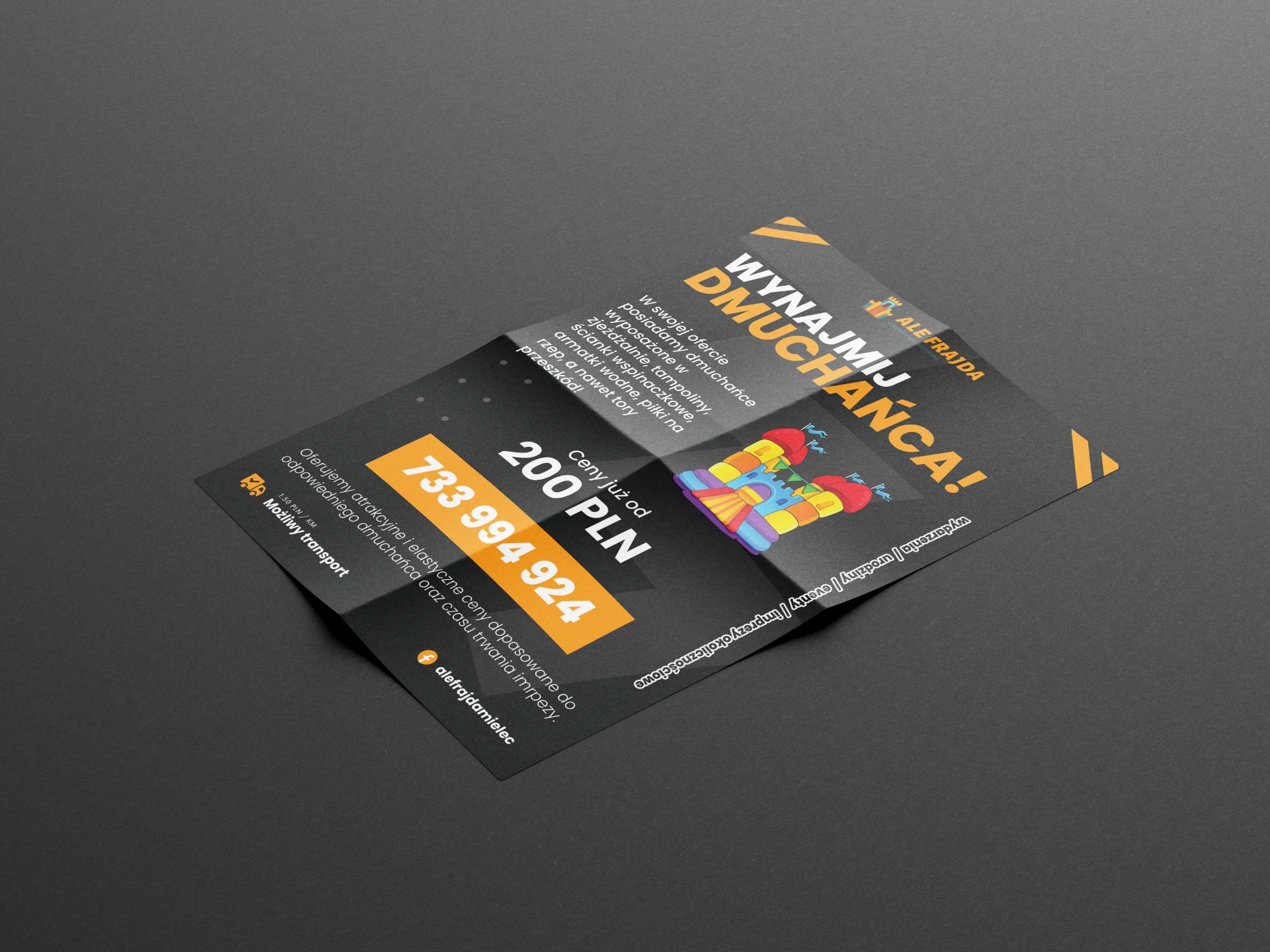 Czarno-pomarańczowa ulotka reklamowa z hasłem 'Wynajmij Dmuchańca!' i informacją o cenach, na ciemnoszarym tle.