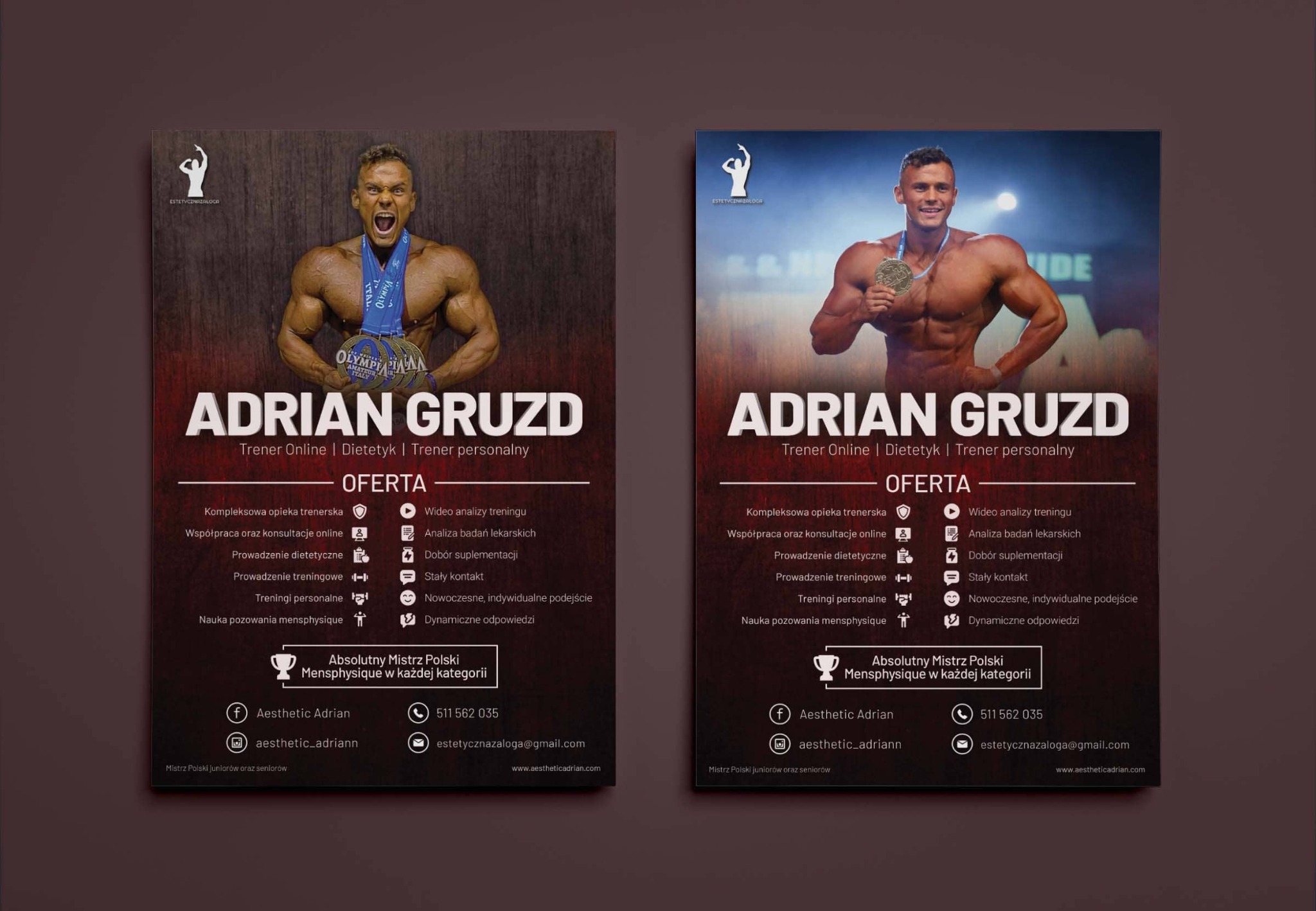 Projekt ulotki reklamowej z wizerunkiem kulturysty Adriana Gruzda, trenera online, dietetyka i trenera personalnego, prezentujący jego ofertę i osiągnięcia w mens physique.