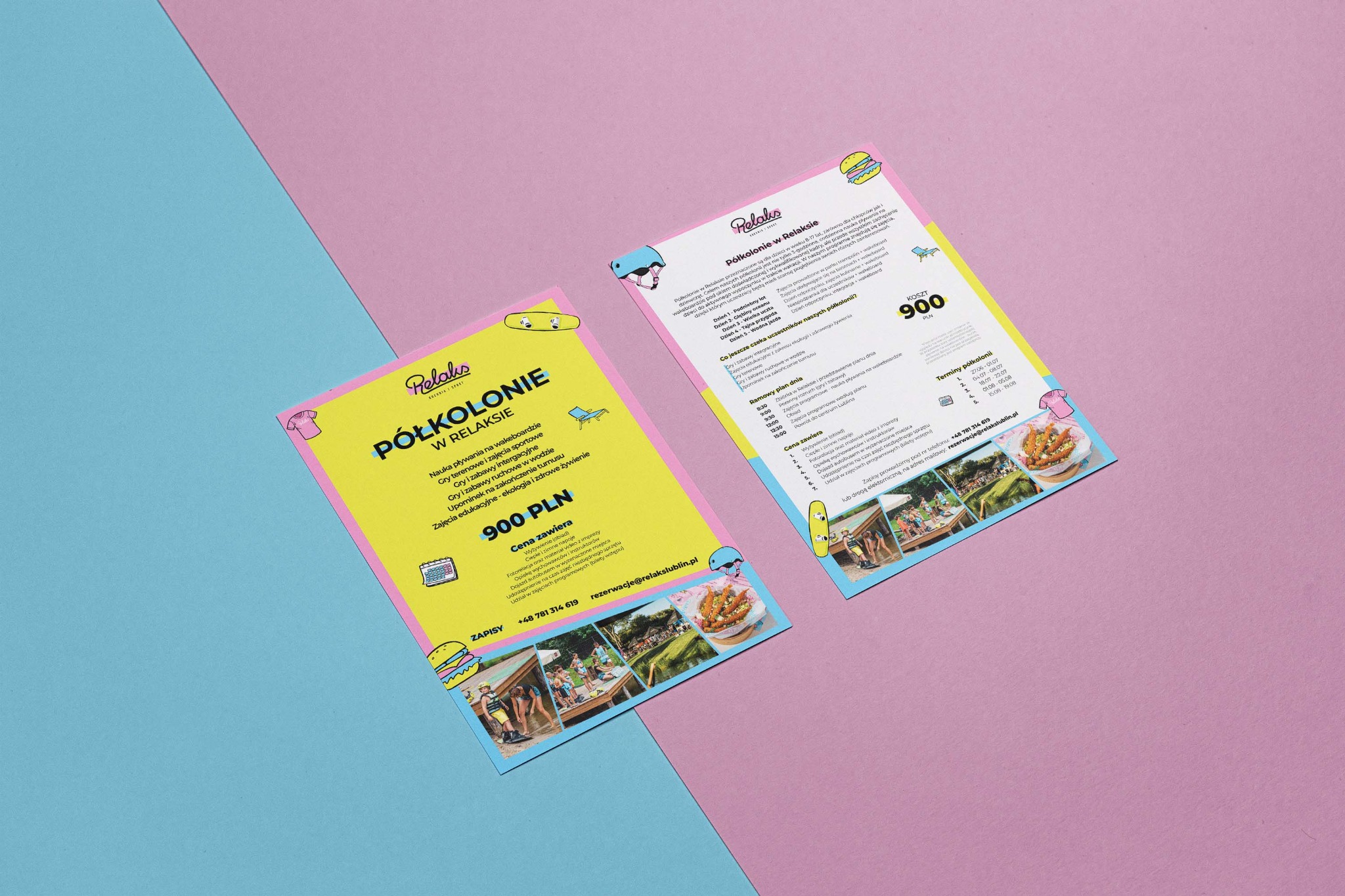 Dwa plakaty reklamowe półkolonii 'Relaks' na tle w kolorach pastelowych: niebieskim i różowym, zawierające informacje o programie, cenie i terminach.