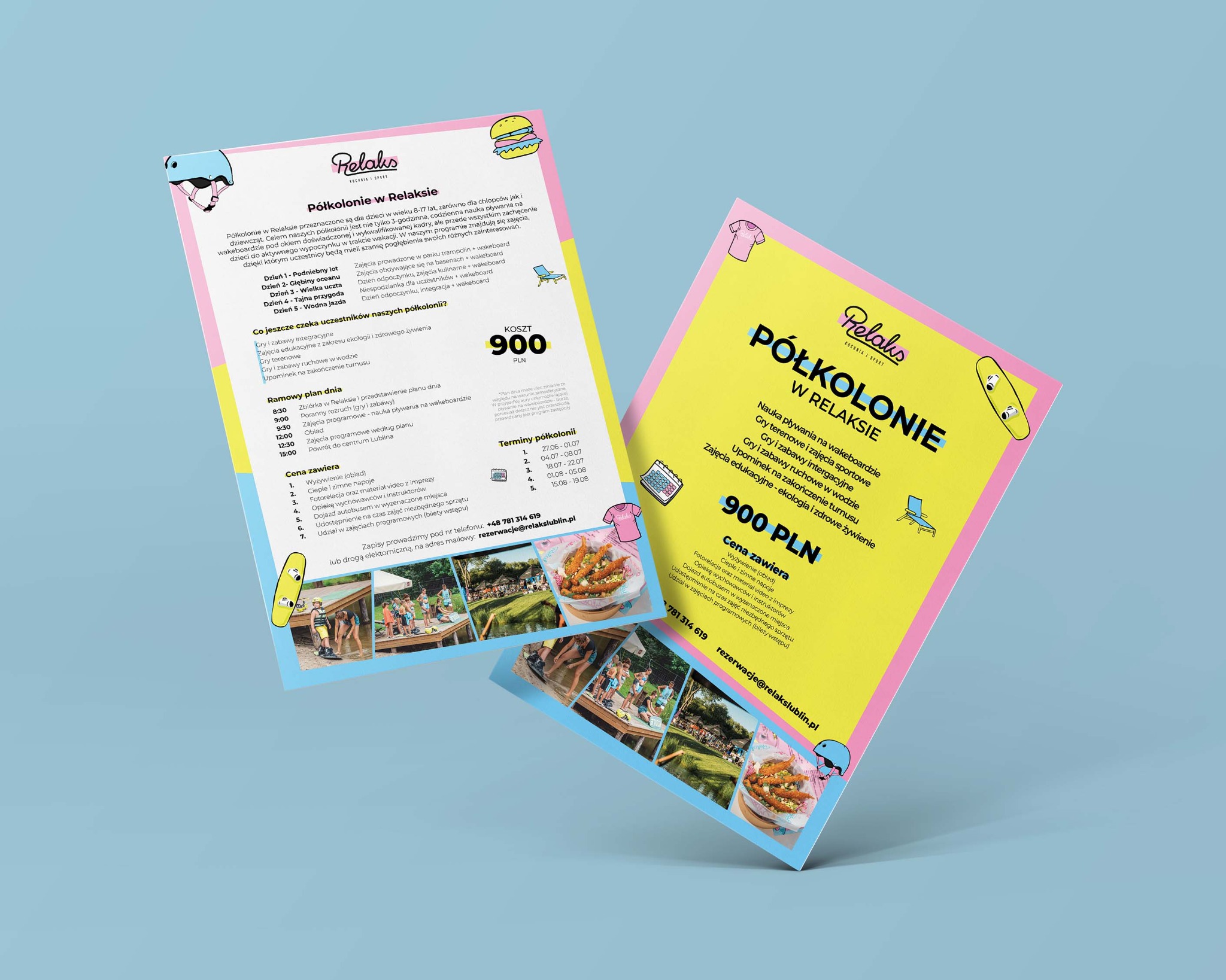 Dwa ulotki reklamowe półkolonii 'Relaks' leżące na jasnoniebieskim tle, prezentujące ofertę zajęć dla dzieci i młodzieży z nauką pływania na wakeboardzie, grami terenowymi i zajęciami sportowymi,...