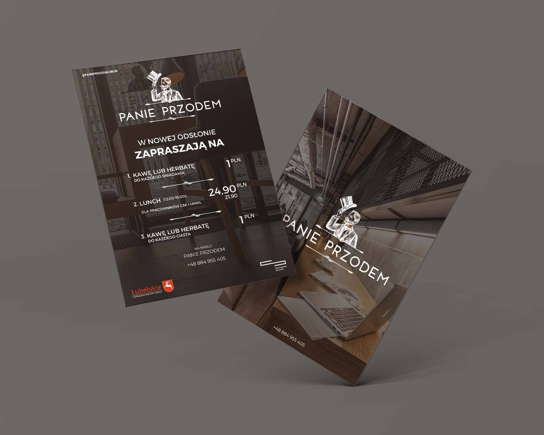 Dwa projekty graficzne ulotki restauracji 'Panie Przodem' z Lublina, prezentujące menu i dane kontaktowe, na szarym tle.