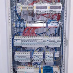 Otwarta szafa sterownicza z licznymi zabezpieczeniami, przewodami i modułami, widoczne oznaczenia WEIWY na górnych modułach.