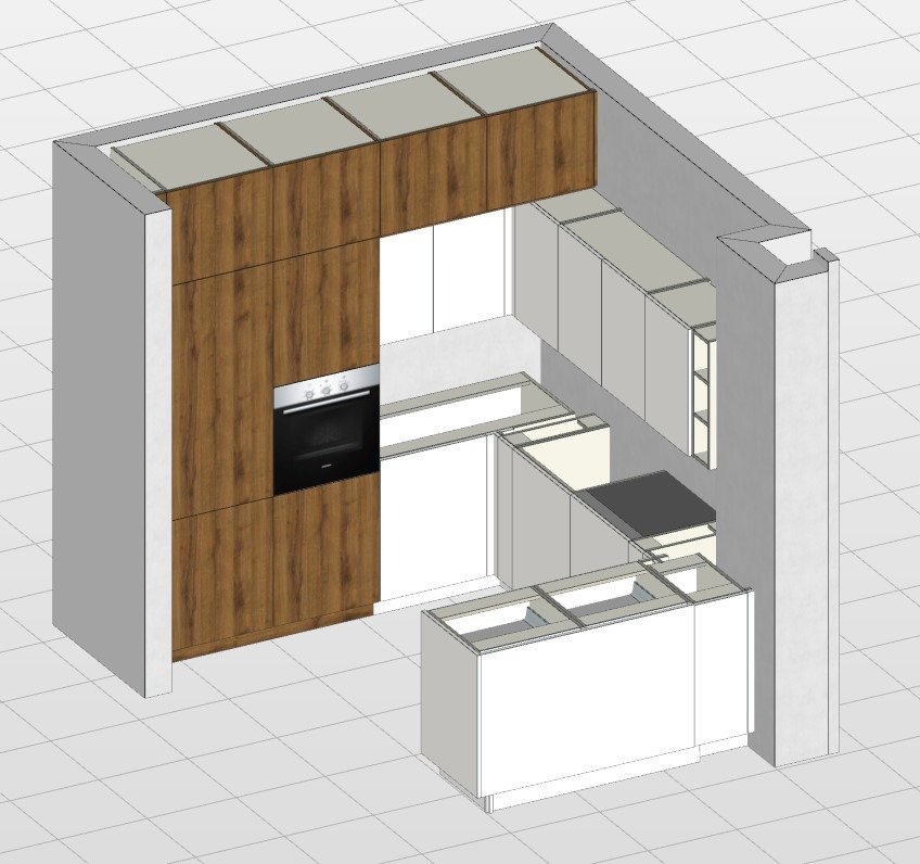 Wizualizacja 3D kuchni w zabudowie z drewnianymi frontami szafek wiszących i piekarnikiem wkomponowanym w słupek, białe szafki dolne bez blatów, szare ściany i podłoga w kratkę.