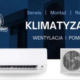 Grafika reklamowa prezentująca klimatyzator ścienny, jednostkę zewnętrzną oraz logo firmy Klimatik Vent na tle budynku z klimatyzacją i hasłami reklamowymi.