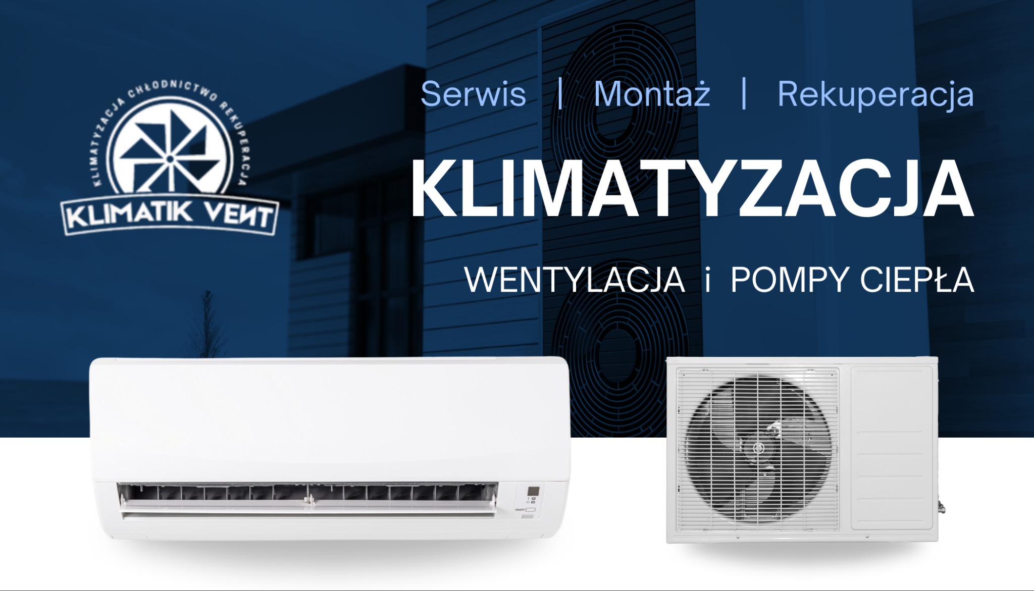 Grafika reklamowa prezentująca klimatyzator ścienny, jednostkę zewnętrzną oraz logo firmy Klimatik Vent na tle budynku z klimatyzacją i hasłami reklamowymi.