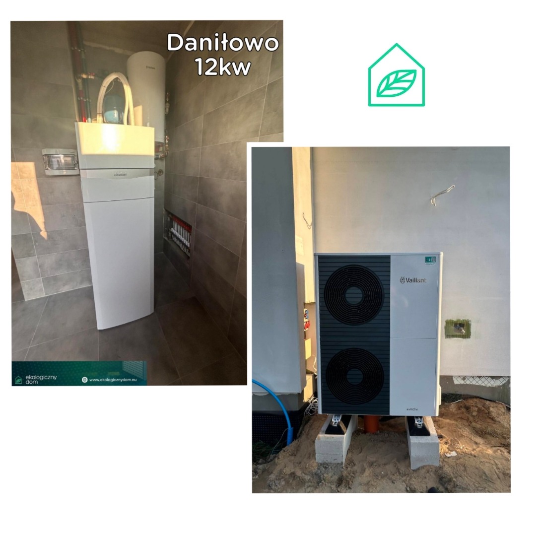 Dwie jednostki pompy ciepła Vaillant: wewnętrzna z zasobnikiem ciepłej wody w łazience z szarą glazurą i zewnętrzna na betonowych bloczkach przed otynkowaną ścianą budynku.