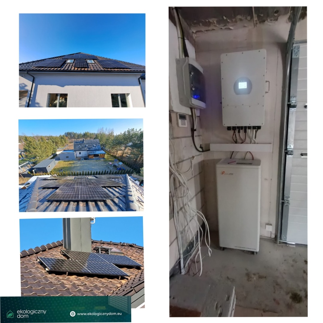 Zestawienie zdjęć: panele słoneczne na różnych dachach, widok z góry na dom z panelami, oraz wnętrze z falownikiem i akumulatorem energii na tle surowej ściany z białej cegły.
