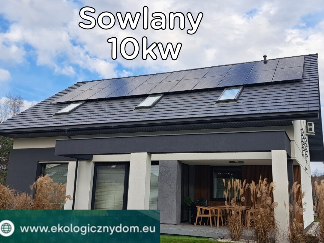 Nowoczesny dom jednorodzinny z panelami fotowoltaicznymi na dachu i oknami dachowymi, widok z poziomu gruntu, dekoracyjne trawy ozdobne przed budynkiem, logo firmy w dolnej części kadru.