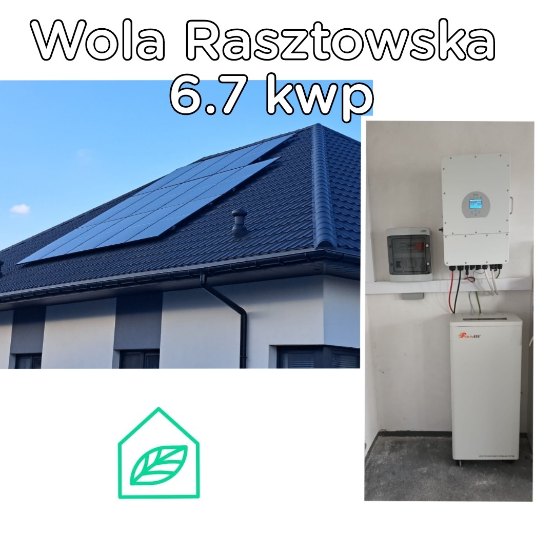 Instalacja fotowoltaiczna o mocy 6.7 kWp na dachu domu jednorodzinnego w Woli Rasztowskiej, widoczny inwerter oraz magazyn energii w pomieszczeniu technicznym.