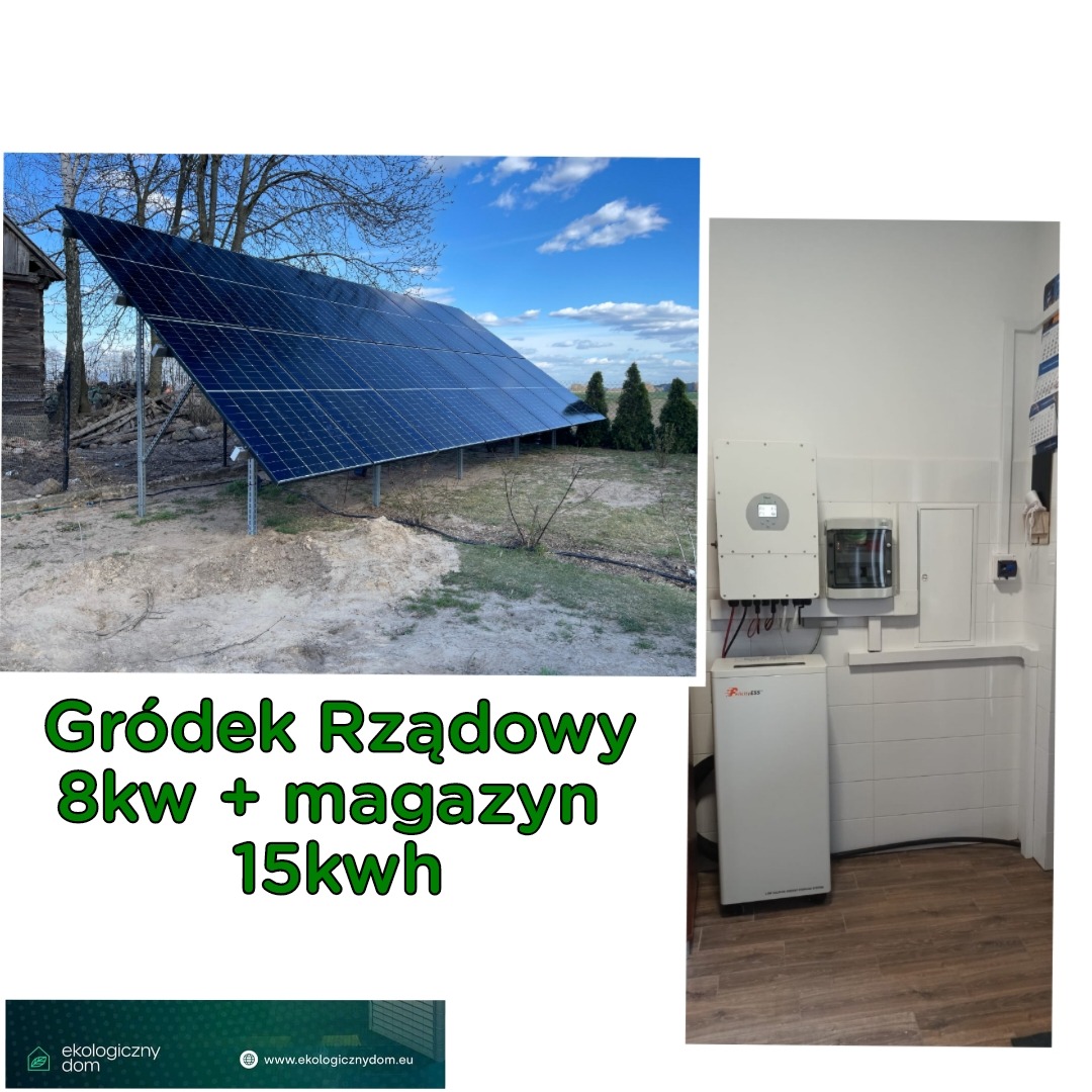Instalacja fotowoltaiczna na gruncie z widocznym inwerterem i magazynem energii wewnątrz pomieszczenia, Gródek Rządowy, 8kW + magazyn 15kWh.