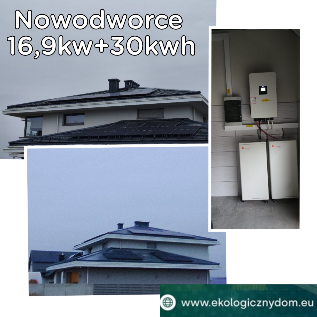 Instalacja paneli na dachu domu i magazyn energii w pomieszczeniu. Widoczne panele słoneczne, inwerter i baterie. Całość tworzy system fotowoltaiczny.