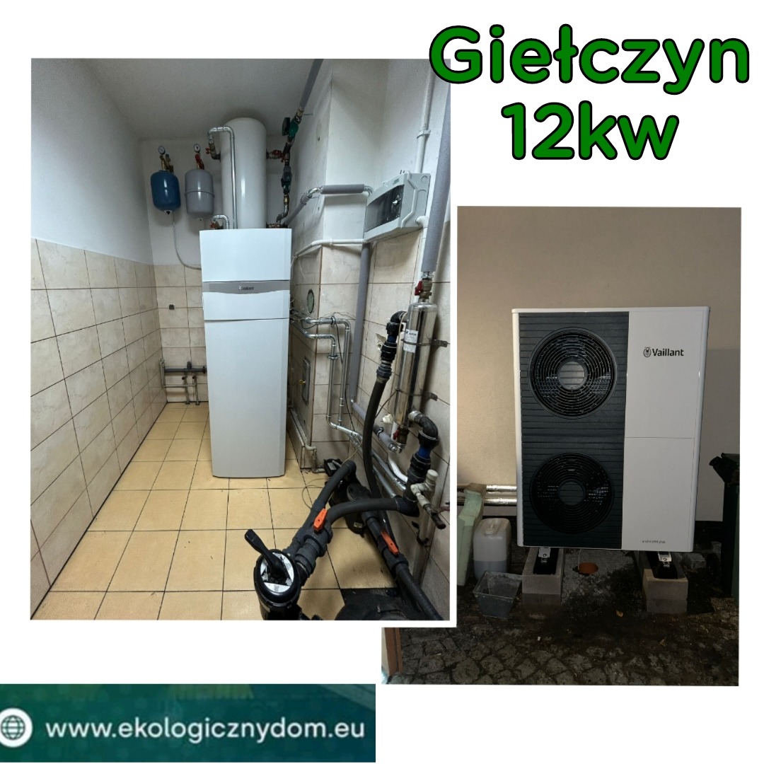 Biała pompa ciepła Vaillant 12kW w kotłowni, widok z bliska na instalację i podłączenia. Na podłodze płytki, w tle białe zbiorniki i rury. U dołu adres strony internetowej.
