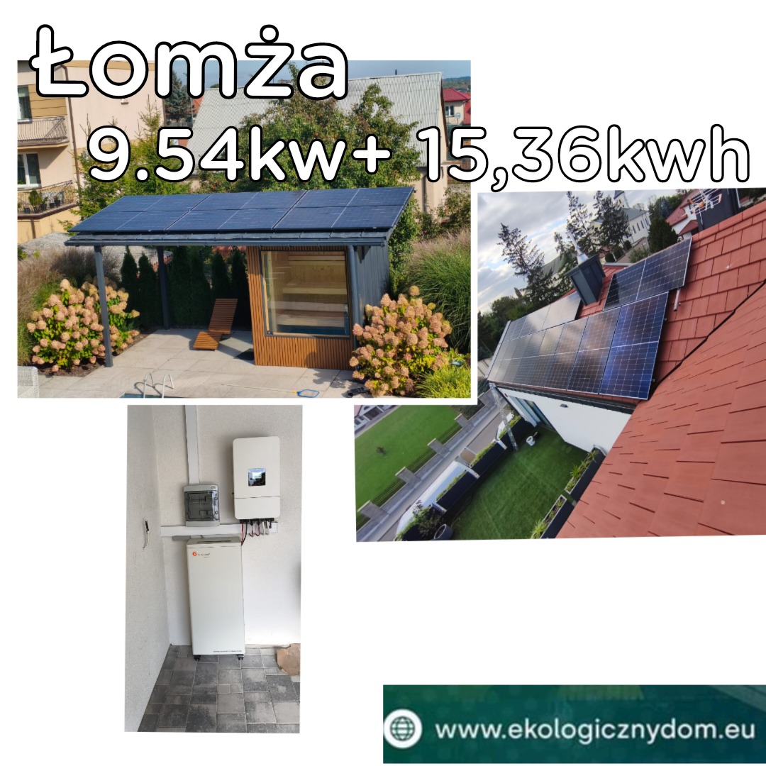 Instalacja paneli słonecznych na dachu domu i altanie, widok z różnych perspektyw. Wnętrze z magazynem energii. Domena firmy na dole.