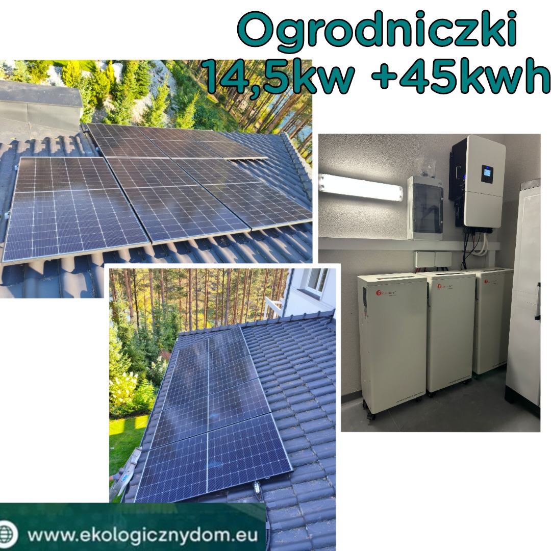 Instalacja fotowoltaiczna 14,5kW na dachu z magazynem energii 45kWh. Panele na ciemnej dachówce, widok z góry i z boku. W tle drzewa i budynek. Wnętrze z magazynem.