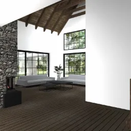 Wnętrze przestronnego salonu z wysokim sufitem, drewnianą podłogą i ścianą z kamienia, na której umieszczony jest nowoczesny kominek; widoczne duże okna z widokiem na zieleń oraz minimalistyczne...