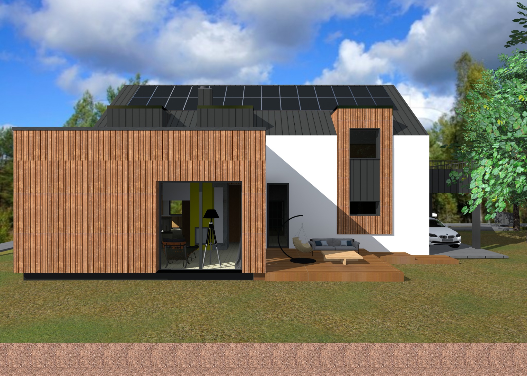 Wizualizacja nowoczesnego domu jednorodzinnego z drewnianą elewacją, panelami słonecznymi na dachu i tarasem z meblami ogrodowymi, widok z zewnątrz w słoneczny dzień.