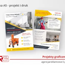 Ulotka A5 reklamująca tynki maszynowe gipsowe wewnętrzne, prezentująca wizualizację wnętrza, pracownika w kombinezonie oraz maszynę do tynkowania.