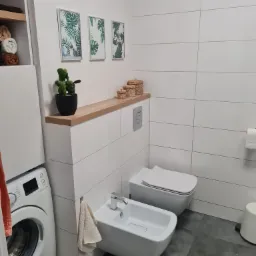 Nowoczesna łazienka z białymi, poziomymi płytkami, wiszącą toaletą i bidetem, drewnianym blatem z kaktusem w doniczce i dekoracyjnymi obrazkami z motywem roślinnym.