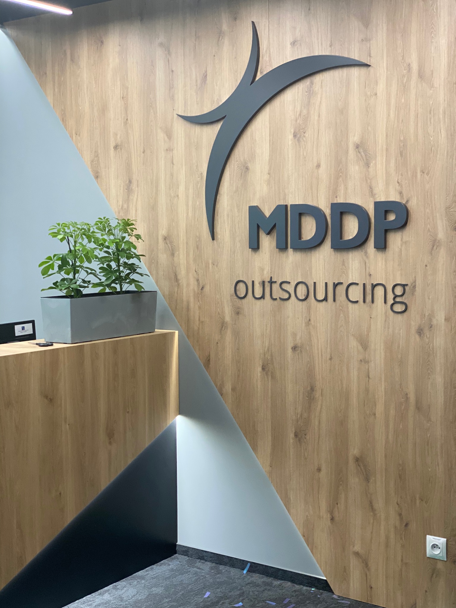 Wnętrze biura z drewnianą ścianą, logo MDDP outsourcing, rośliną w szarej donicy i elementami w kolorze szaro-niebieskim.