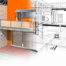 Projekt domu NIXEL: wizualizacja 3D gotowego budynku z garażem, obok szkic architektoniczny. Czerwone logo firmy i dane kontaktowe. Materiały budowlane.