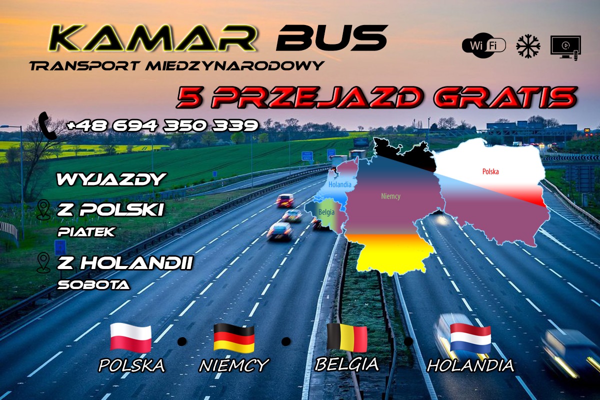 Grafika reklamowa firmy transportowej 'Kamar Bus' oferującej międzynarodowe przejazdy z Polski i Holandii, z informacją o pięciu darmowych przejazdach, numerem telefonu, logiem WiFi oraz mapą...