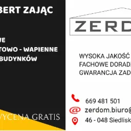 Wizytówka firmy budowlanej ZERDOM Roberta Zająca oferującej tynki gipsowe, cementowo-wapienne, docieplenia budynków i elewacje, z informacją o darmowym pomiarze i wycenie, danymi kontaktowymi...