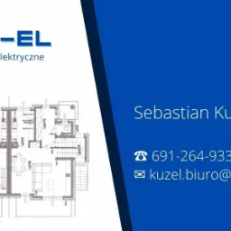 Wizytówka firmy KUŻ-EL z planem architektonicznym budynku, numerem telefonu i adresem e-mail.