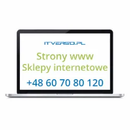 Laptop z wyświetlonym tekstem 'Strony www, Sklepy internetowe' oraz numerem telefonu na białym tle.