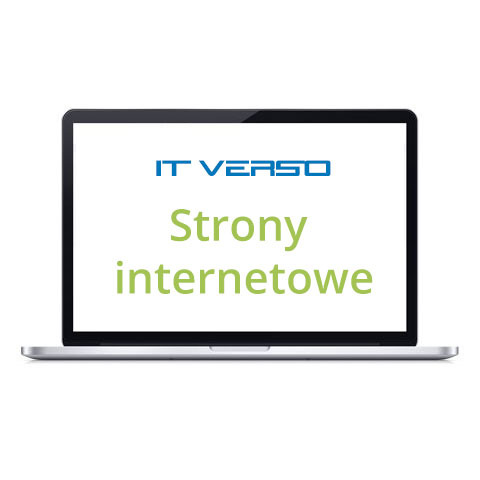 Laptop z wyświetlanym napisem 'IT Verso' w kolorze niebieskim oraz 'Strony internetowe' w kolorze zielonym.