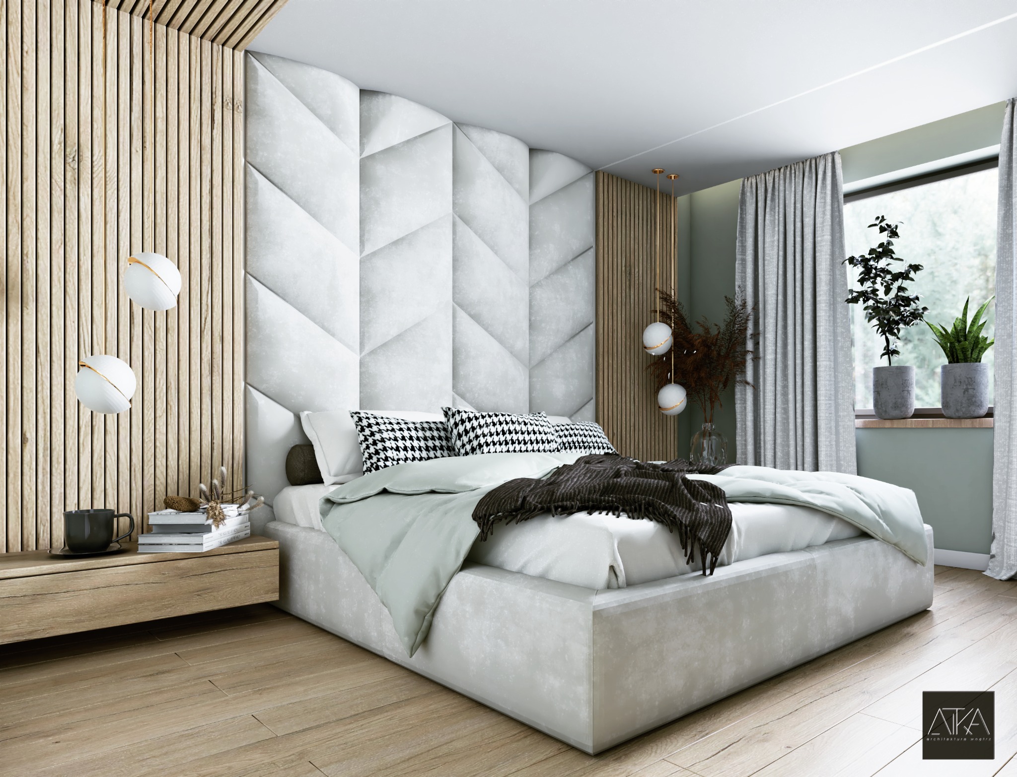 Nowoczesna sypialnia z łóżkiem na platformie, tapicerowanym zagłówkiem w geometryczne wzory, drewnianą boazerią i kulistymi lampami wiszącymi, uzupełniona o stolik nocny z książkami i roślinami...